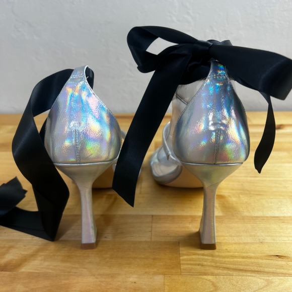BP Silver Holographic Square Toe Bow‎ Heels Ribbon Ankle Strap Sandals Size 7.5 - Picture 5 of 10